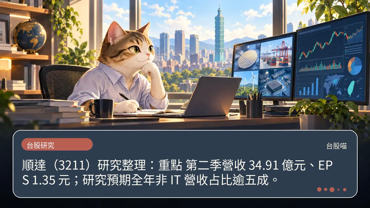 順達(3211)研究整理:重點 第二季營收 34.91 億元、EPS 1.35 元;研究預期全年非 IT 營收占比逾五成。主題插畫