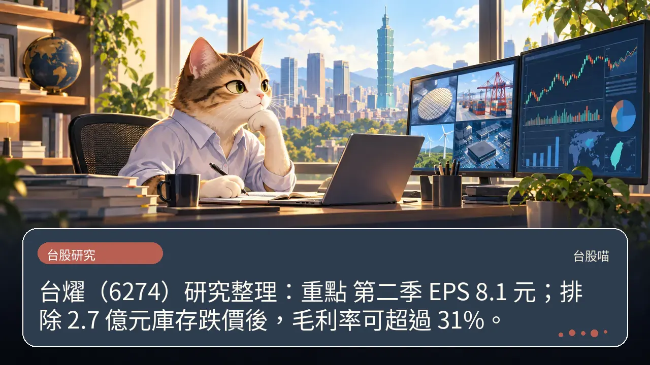 台燿(6274)研究整理:重點 第二季 EPS 8.1 元;排除 2.7 億元庫存跌價後,毛利率可超過 31%。主題插畫