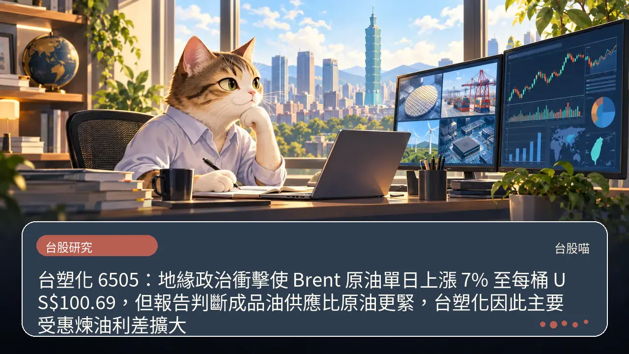 台塑化 6505:地緣政治衝擊使 Brent 原油單日上漲 7% 至每桶 US$100.69,但報告判斷成品油供應比原油更緊,台塑化因此主要受惠煉油利差擴大主題插畫