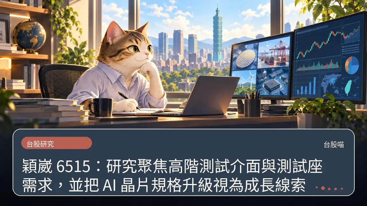 穎崴 6515：研究聚焦高階測試介面與測試座需求，並把 AI 晶片規格升級視為成長線索主題插畫