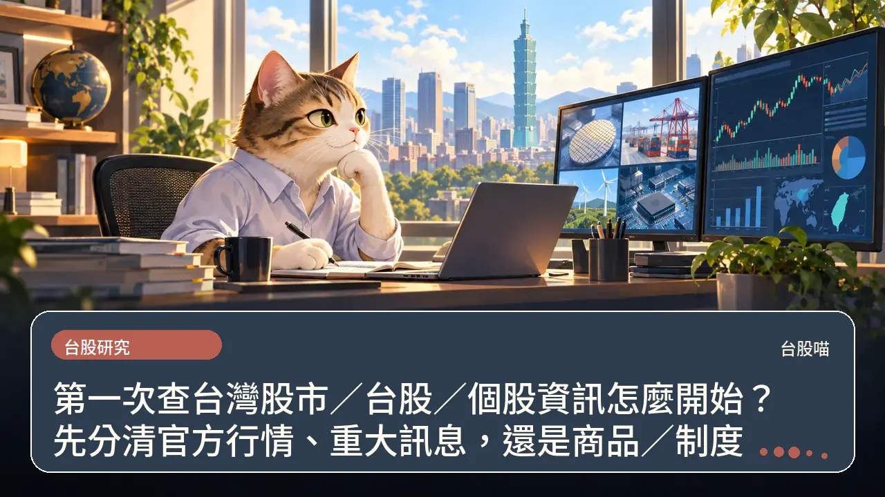 第一次查台灣股市/台股/個股資訊怎麼開始?先分清官方行情、重大訊息,還是商品/制度主題插畫