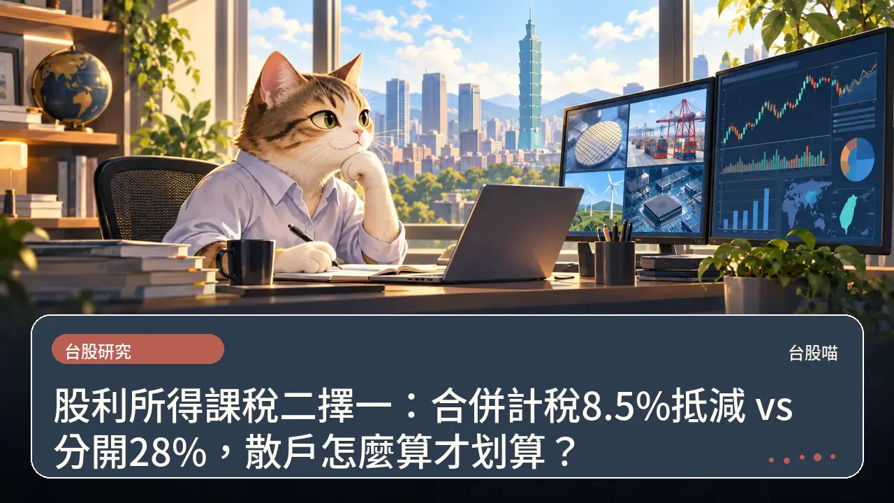 股利所得課稅二擇一：合併計稅8.5%抵減 vs 分開28%，散戶怎麼算才划算？主題插畫