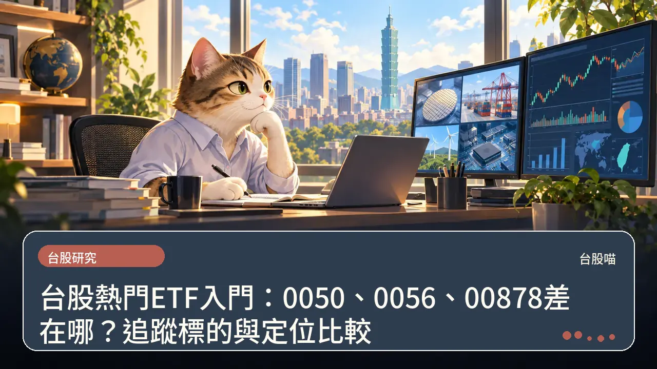 台股熱門ETF入門:0050、0056、00878差在哪?追蹤標的與定位比較主題插畫