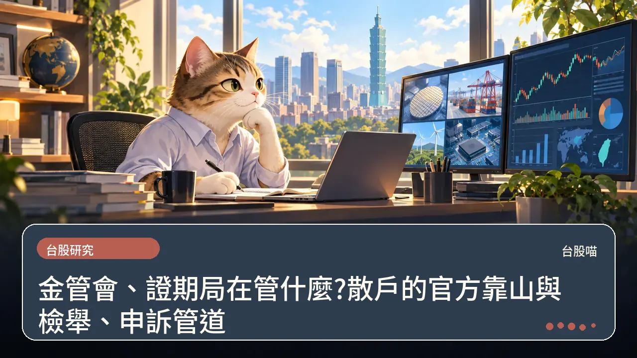 金管會、證期局在管什麼?散戶的官方靠山與檢舉、申訴管道主題插畫