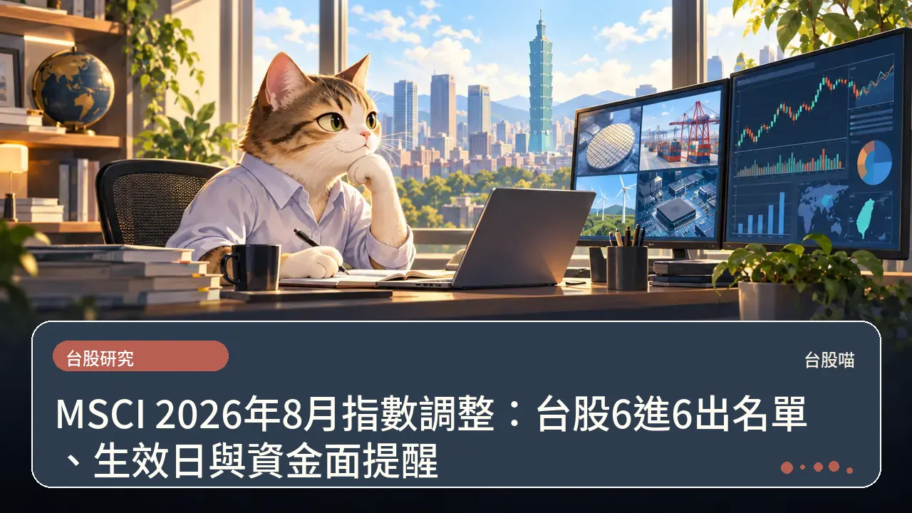 MSCI 2026年8月指數調整:台股6進6出名單、生效日與資金面提醒主題插畫