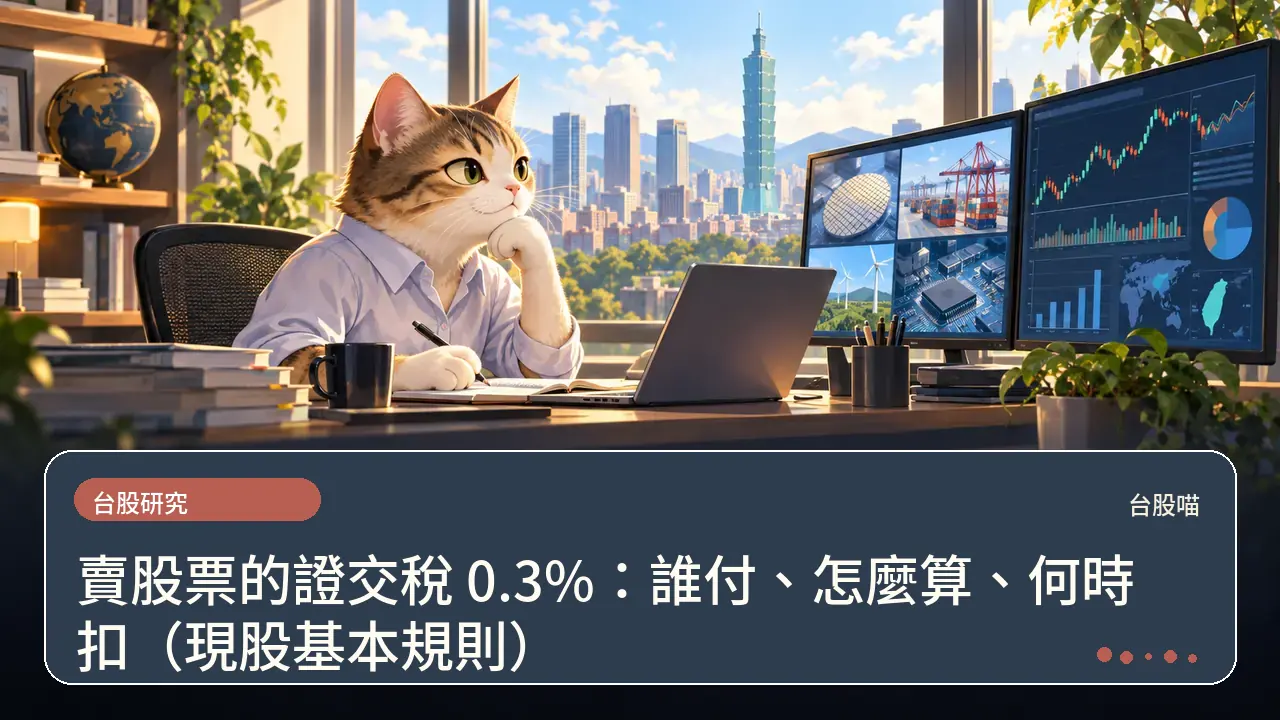 賣股票的證交稅 0.3%：誰付、怎麼算、何時扣（現股基本規則）主題插畫