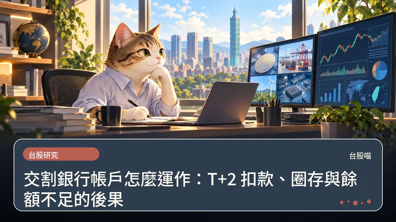 交割銀行帳戶怎麼運作：T+2 扣款、圈存與餘額不足的後果主題插畫
