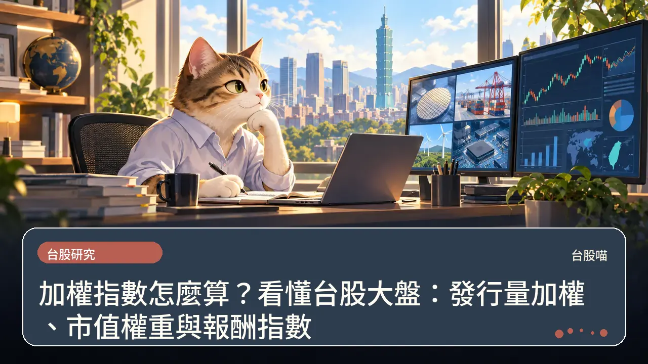 加權指數怎麼算?看懂台股大盤:發行量加權、市值權重與報酬指數主題插畫